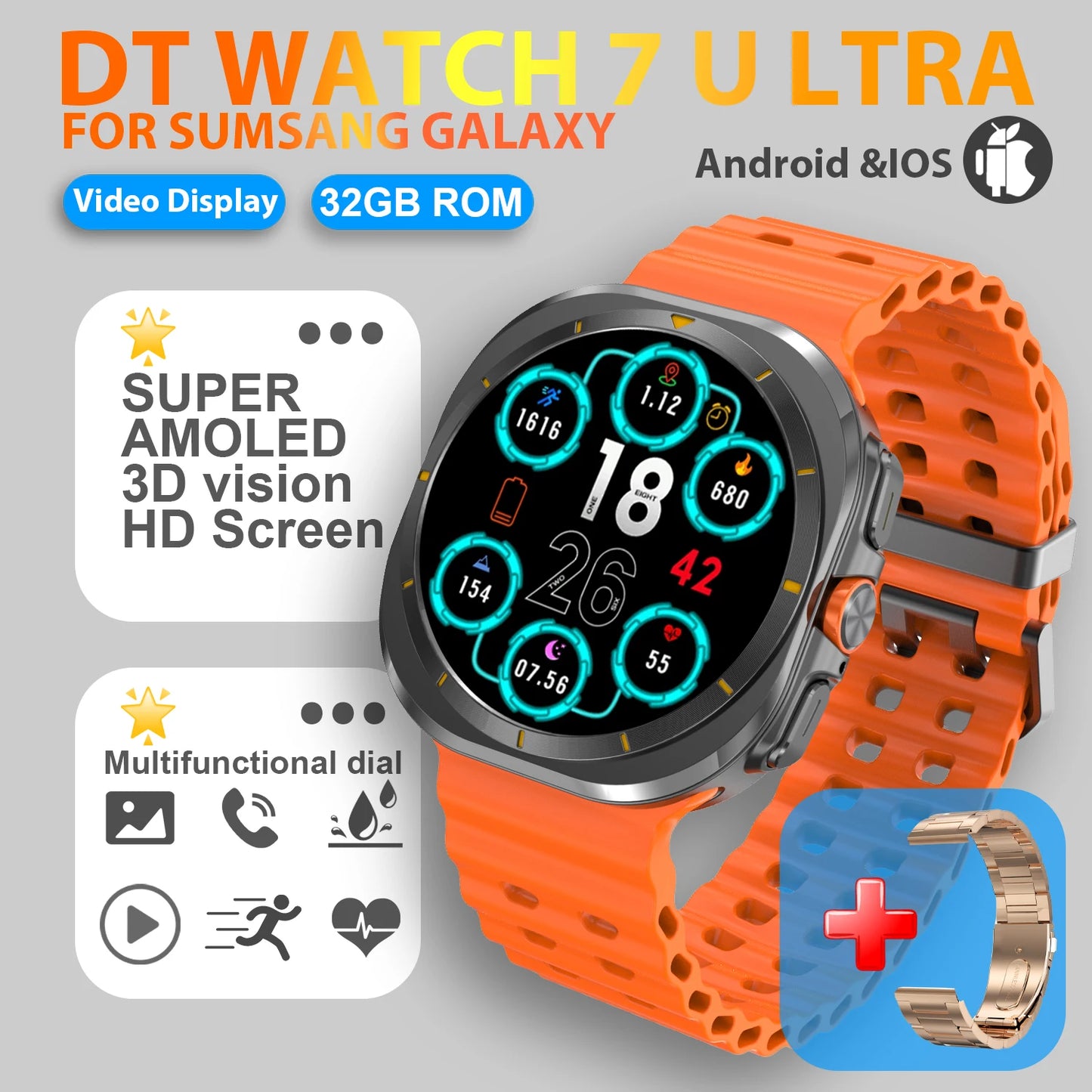 2025 New Watch 7 Ultra Smart Watch Men 32GB Memory 3D Video Display Sports SmartWatch GPS NFC Compass Blood oxygen Smartwatch